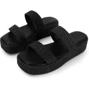 Women's Black Espadrilles Slip On Summer Beach Vacation Open Sandals Shoes